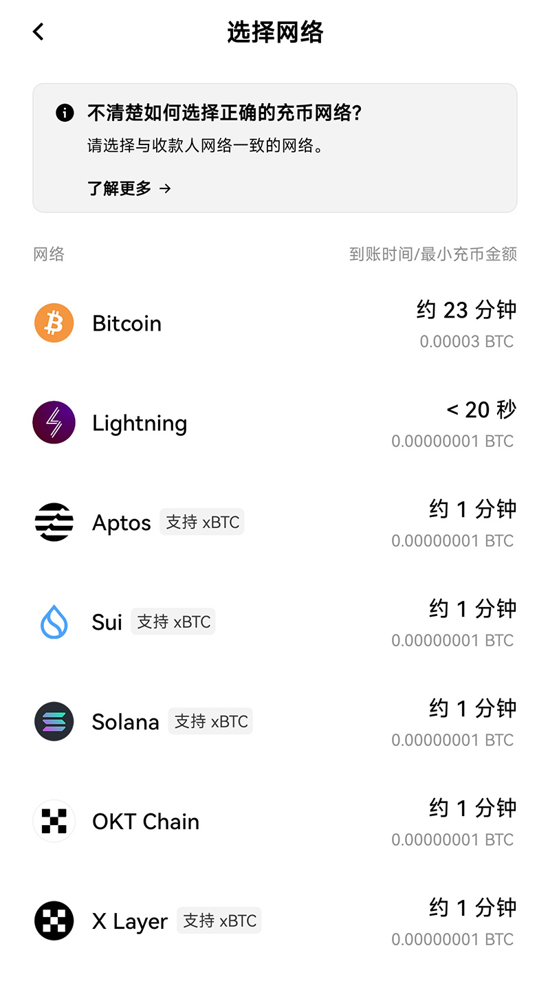 OKX欧易充币选择网络